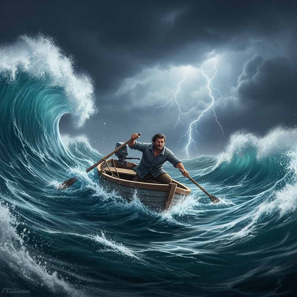 Man in an open boat on rough seas and storms