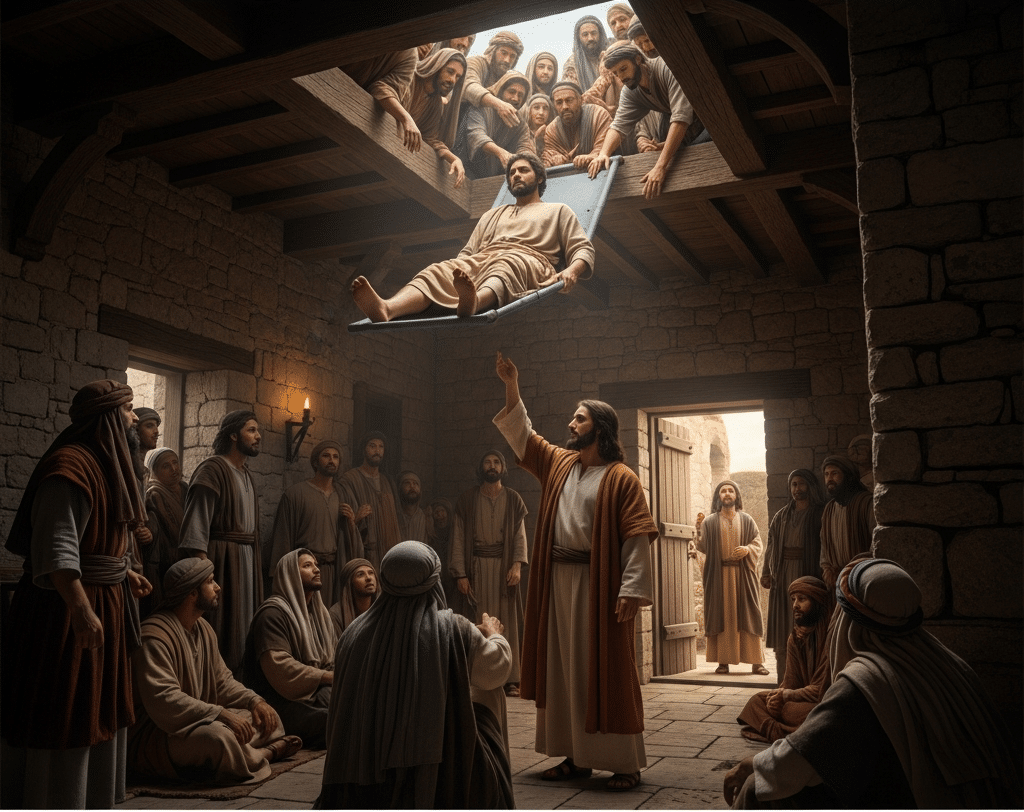 In the book of Mark 2:4, the image of the man being let down from the roof on his mat to be healed by Jesus.