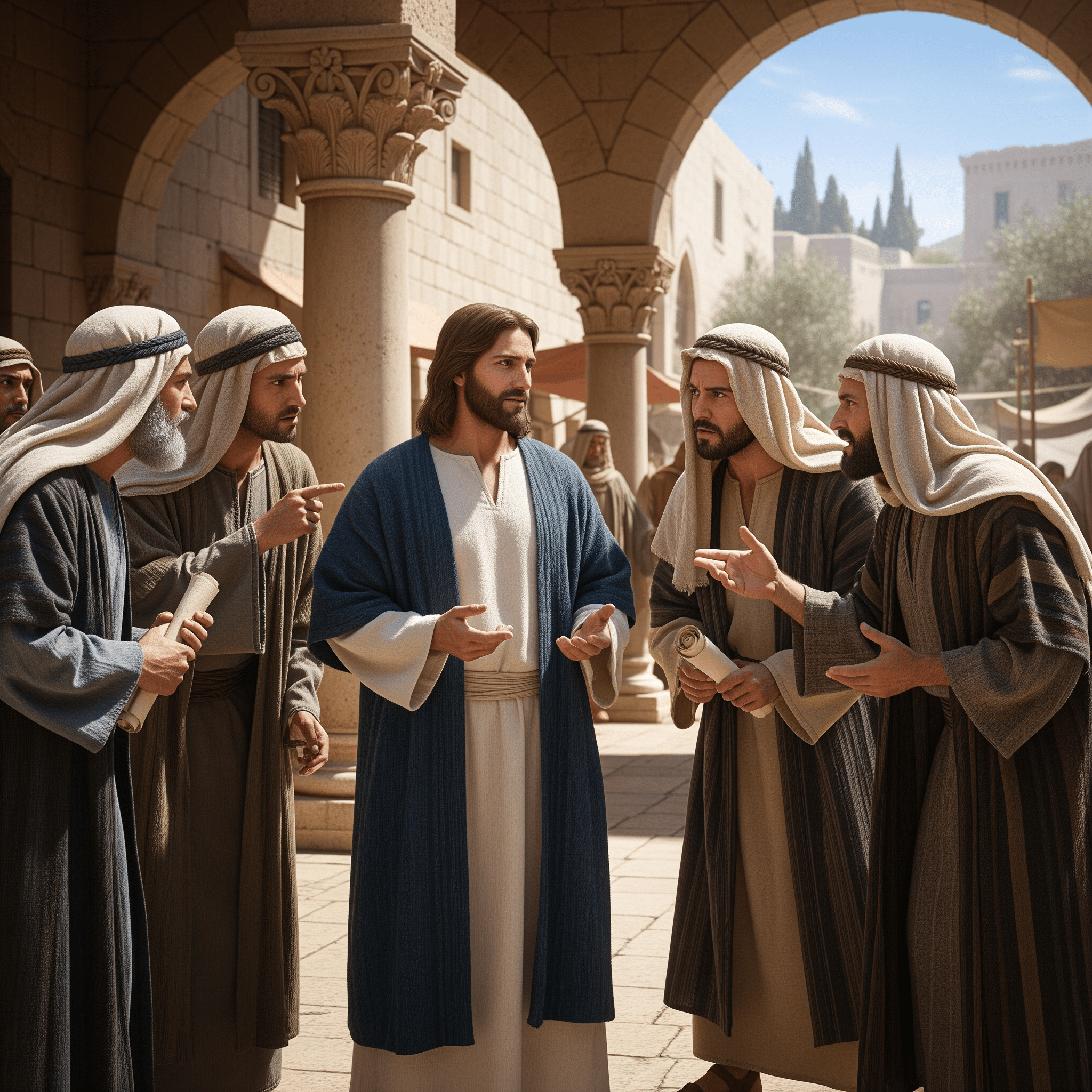 Jesus arguing with the Pharisees.